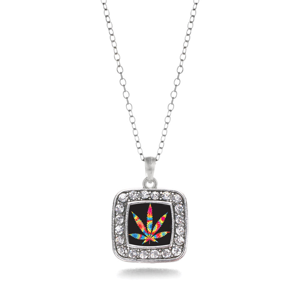Silver Tie Dye Marijuana Leaf Square Charm Classic Necklace