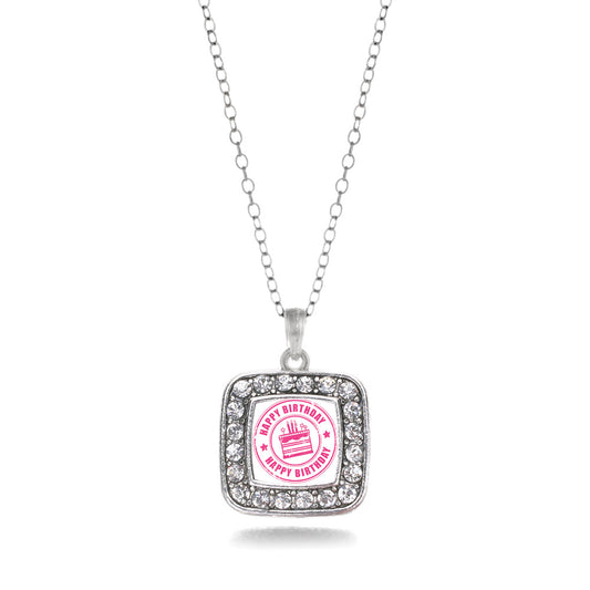 Silver Happy Birthday Square Charm Classic Necklace