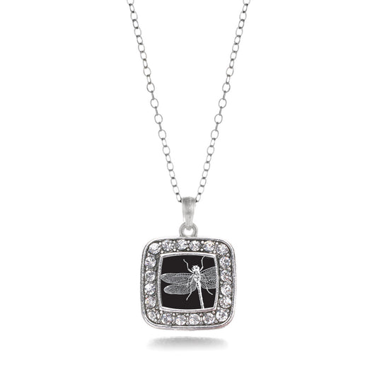 Silver Dragon Fly Square Charm Classic Necklace