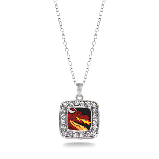 Silver Fire Breathing Dragon Square Charm Classic Necklace