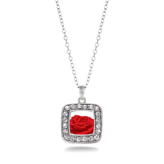 Silver Red Rose Square Charm Classic Necklace