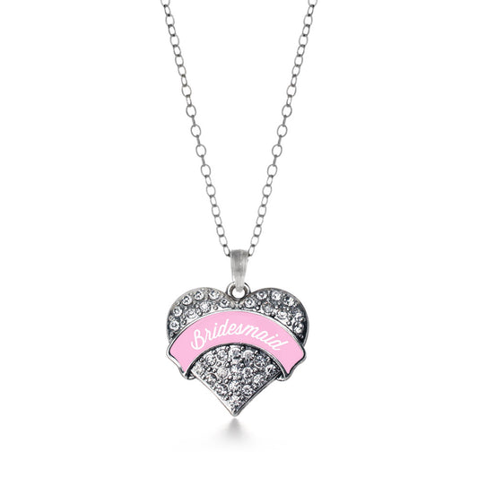 Silver Light Pink Bridesmaid Pave Heart Charm Classic Necklace