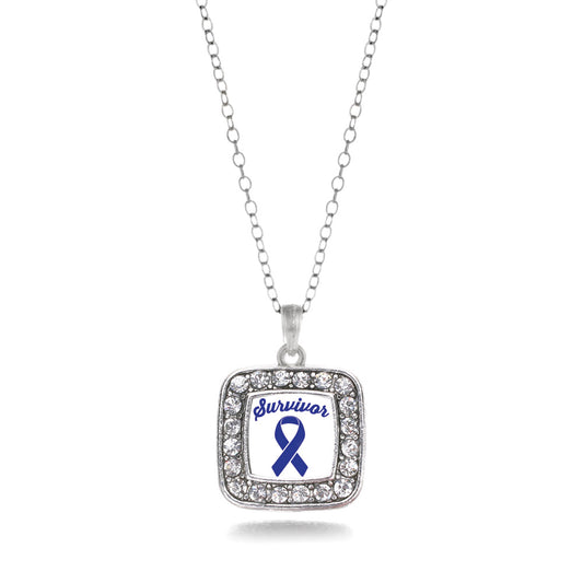 Silver Blue Ribbon Survivor Square Charm Classic Necklace