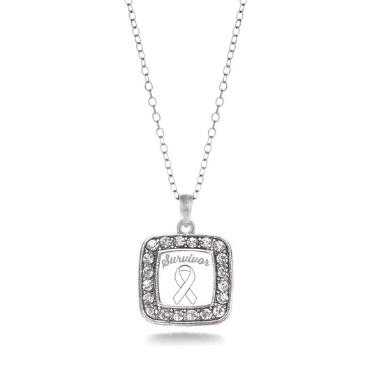 Silver White Ribbon Survivor Square Charm Classic Necklace