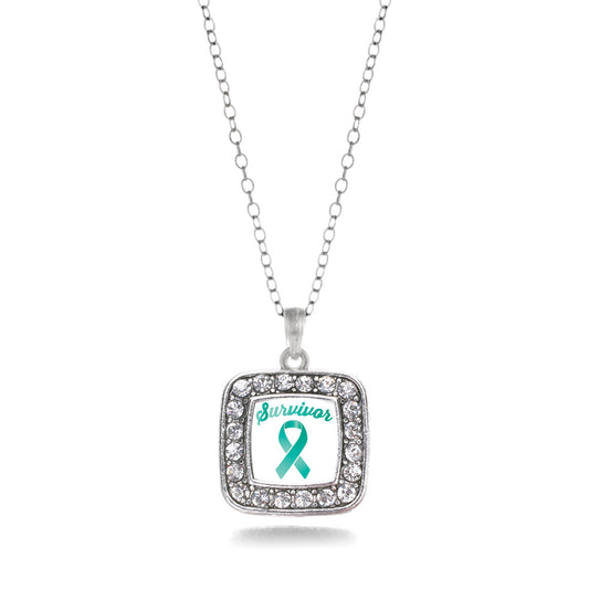 Silver Teal Ribbon Survivor Square Charm Classic Necklace