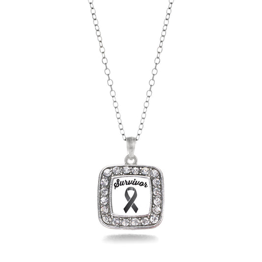 Silver Black Ribbon Survivor Square Charm Classic Necklace