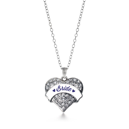 Silver Navy Blue Bride Pave Heart Charm Classic Necklace