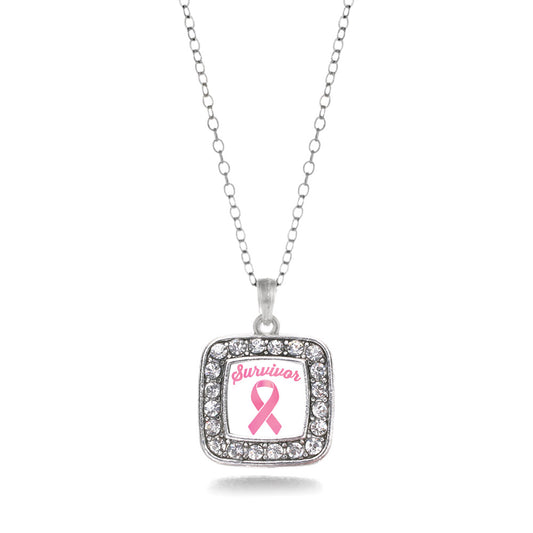 Silver Pink Ribbon Survivor Square Charm Classic Necklace