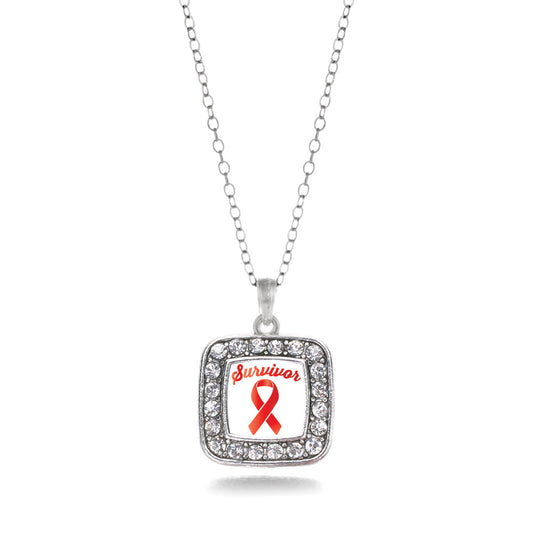 Silver Red Ribbon Survivor Square Charm Classic Necklace