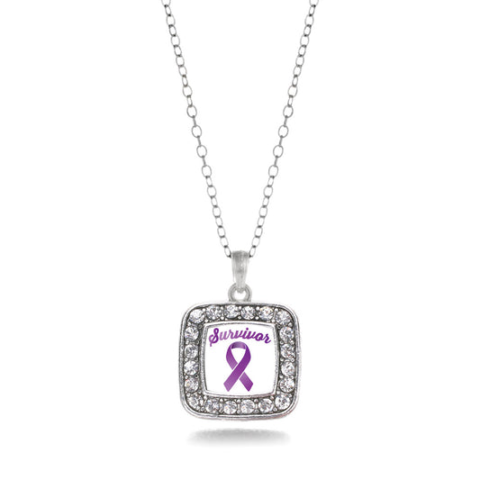 Silver Purple Ribbon Survivor Square Charm Classic Necklace