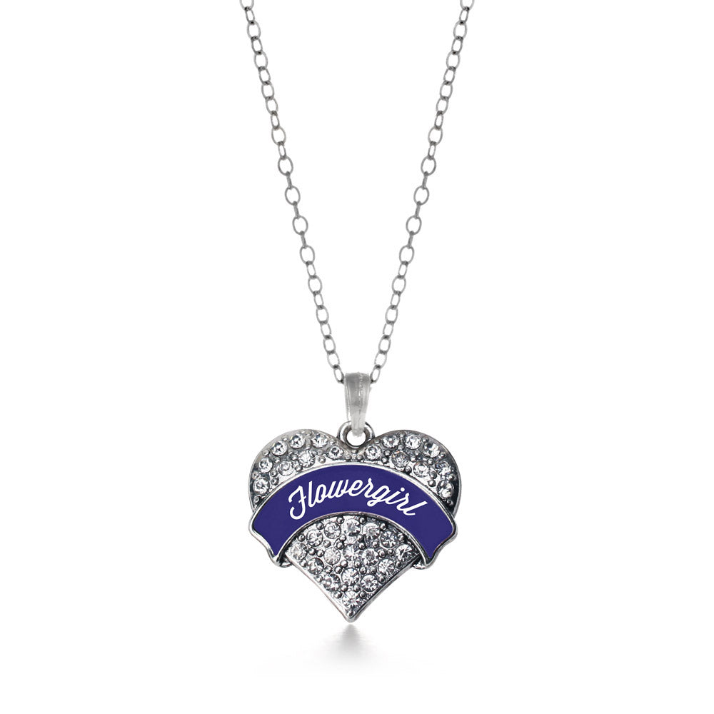 Silver Navy Blue Flower Girl Pave Heart Charm Classic Necklace