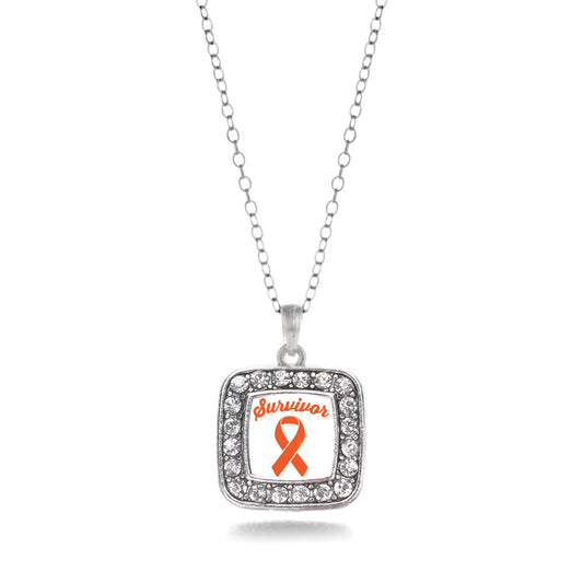 Silver Orange Ribbon Survivor Square Charm Classic Necklace