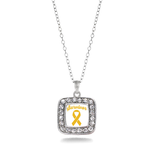 Silver Yellow Ribbon Survivor Square Charm Classic Necklace
