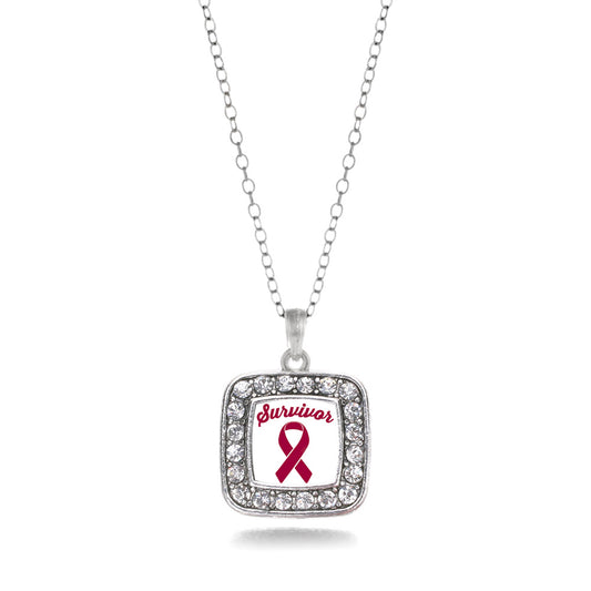 Silver Burgundy Ribbon Survivor Square Charm Classic Necklace