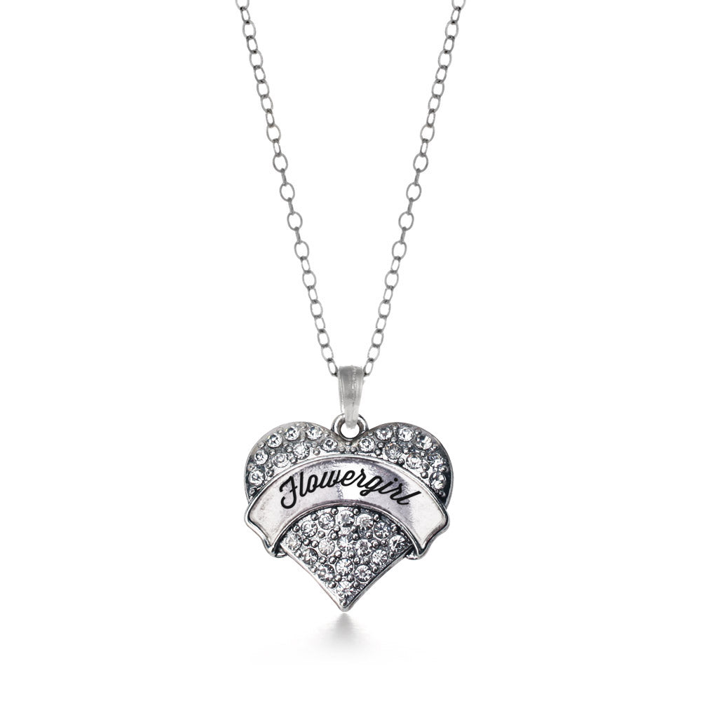 Silver Flower Girl Pave Heart Charm Classic Necklace
