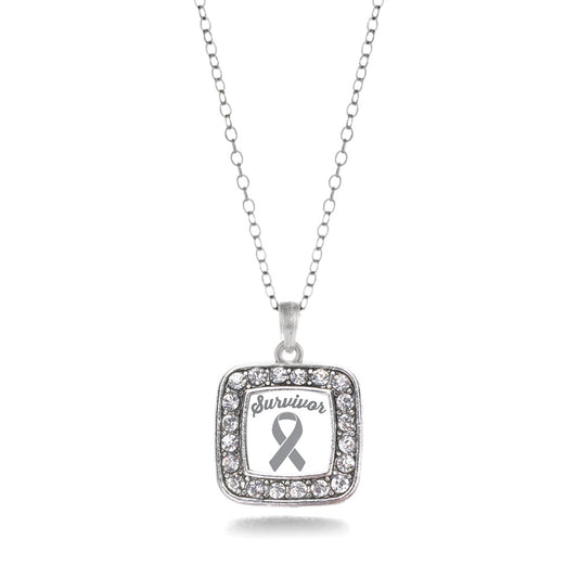 Silver Gray Ribbon Survivor Square Charm Classic Necklace