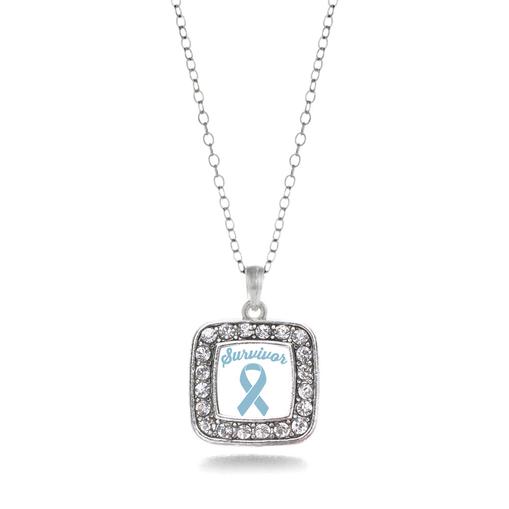 Silver Light Blue Ribbon Survivor Square Charm Classic Necklace