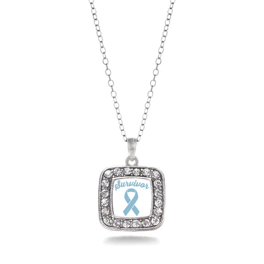Silver Light Blue Ribbon Survivor Square Charm Classic Necklace