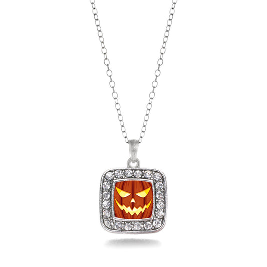 Silver Grinning Pumpkin Square Charm Classic Necklace
