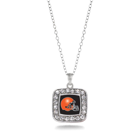 Silver Black and Orange Team Helmet Square Charm Classic Necklace