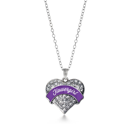 Silver Purple Flower Girl Pave Heart Charm Classic Necklace