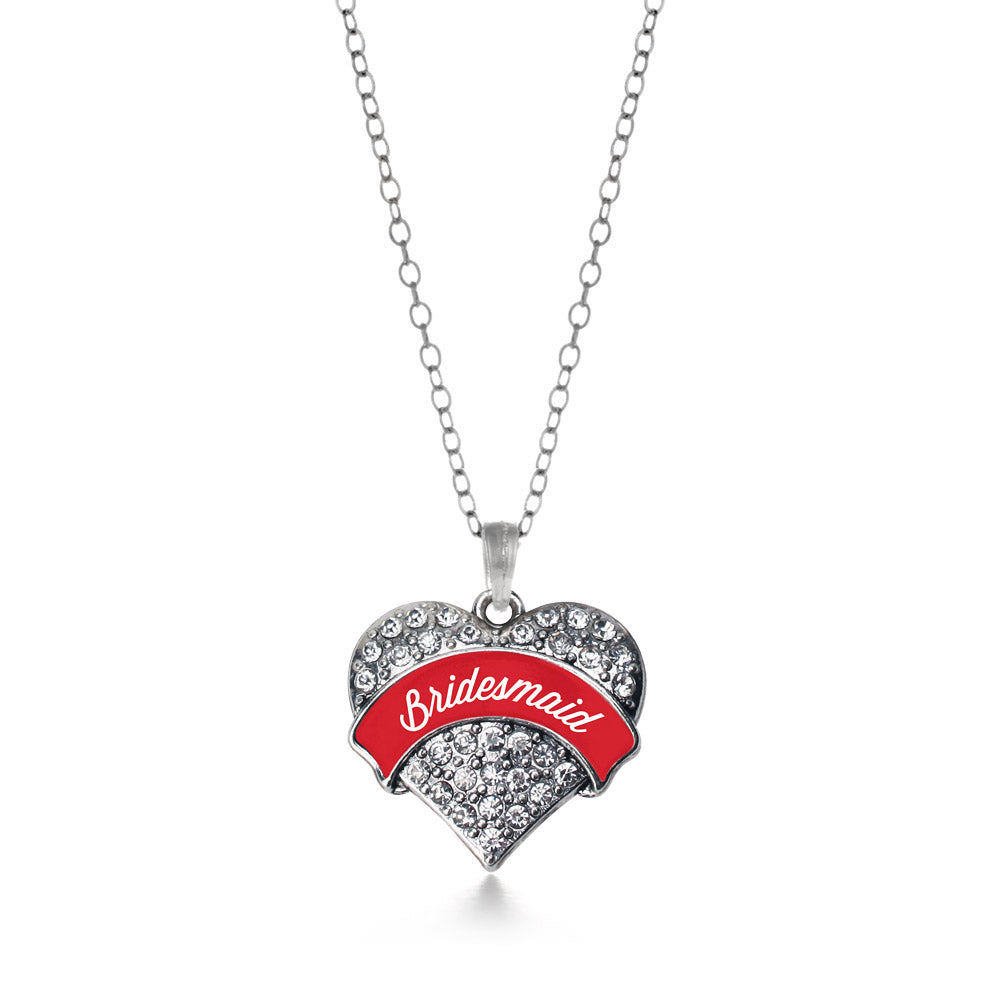 Silver Red Bridesmaid Pave Heart Charm Classic Necklace