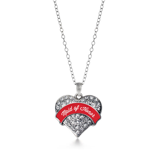 Silver Red Maid of Honor Pave Heart Charm Classic Necklace