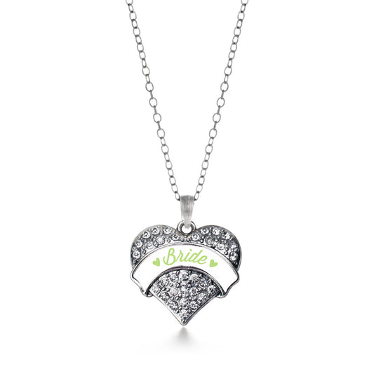 Silver Sage Green Bride Pave Heart Charm Classic Necklace