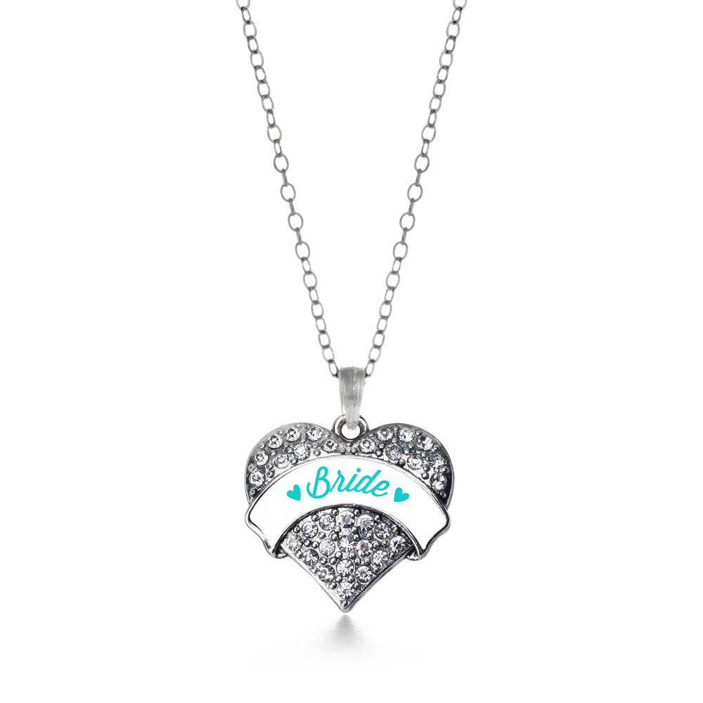Silver Teal Bride Pave Heart Charm Classic Necklace