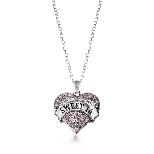 Silver Pink Sweet 16 Pink Pave Heart Charm Classic Necklace