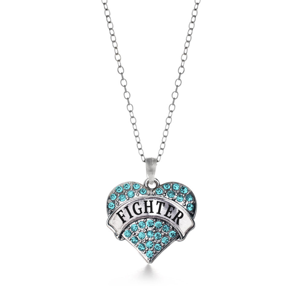 Silver Teal Fighter Aqua Pave Heart Charm Classic Necklace
