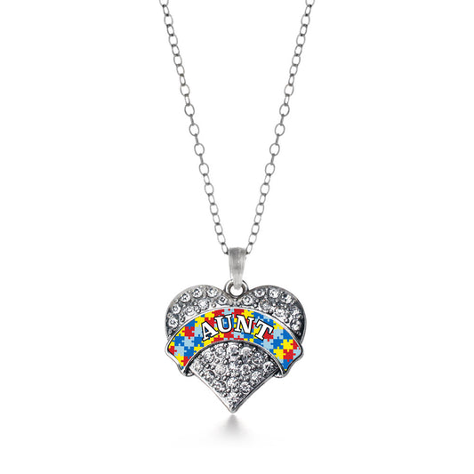 Silver Autism Aunt Pave Heart Charm Classic Necklace