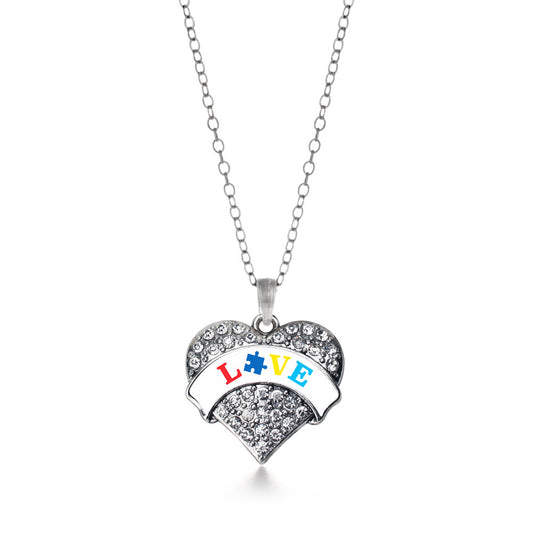 Silver Autism Love Pave Heart Charm Classic Necklace