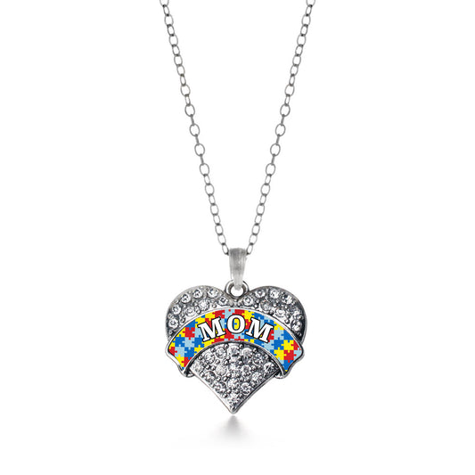 Silver Autism Mom Pave Heart Charm Classic Necklace