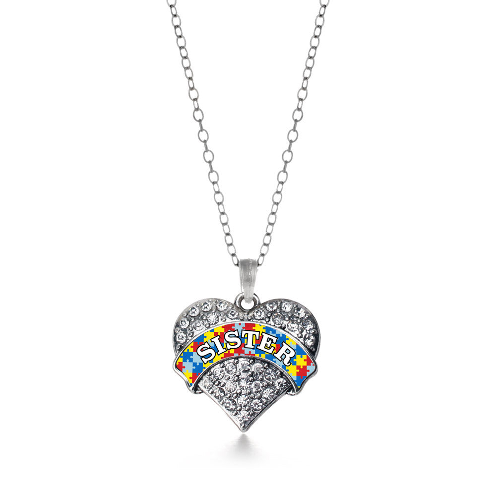 Silver Autism Sister Pave Heart Charm Classic Necklace