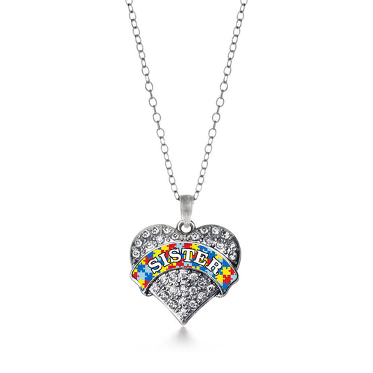 Silver Autism Sister Pave Heart Charm Classic Necklace