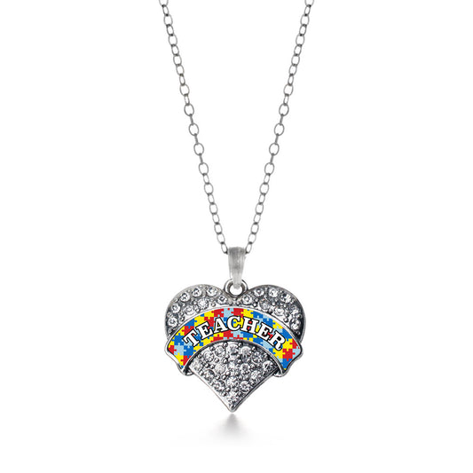 Silver Autism Teacher Pave Heart Charm Classic Necklace