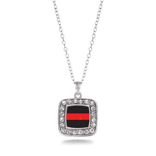 Silver Thin Red Line Fire Department Support Square Charm Classic Necklace