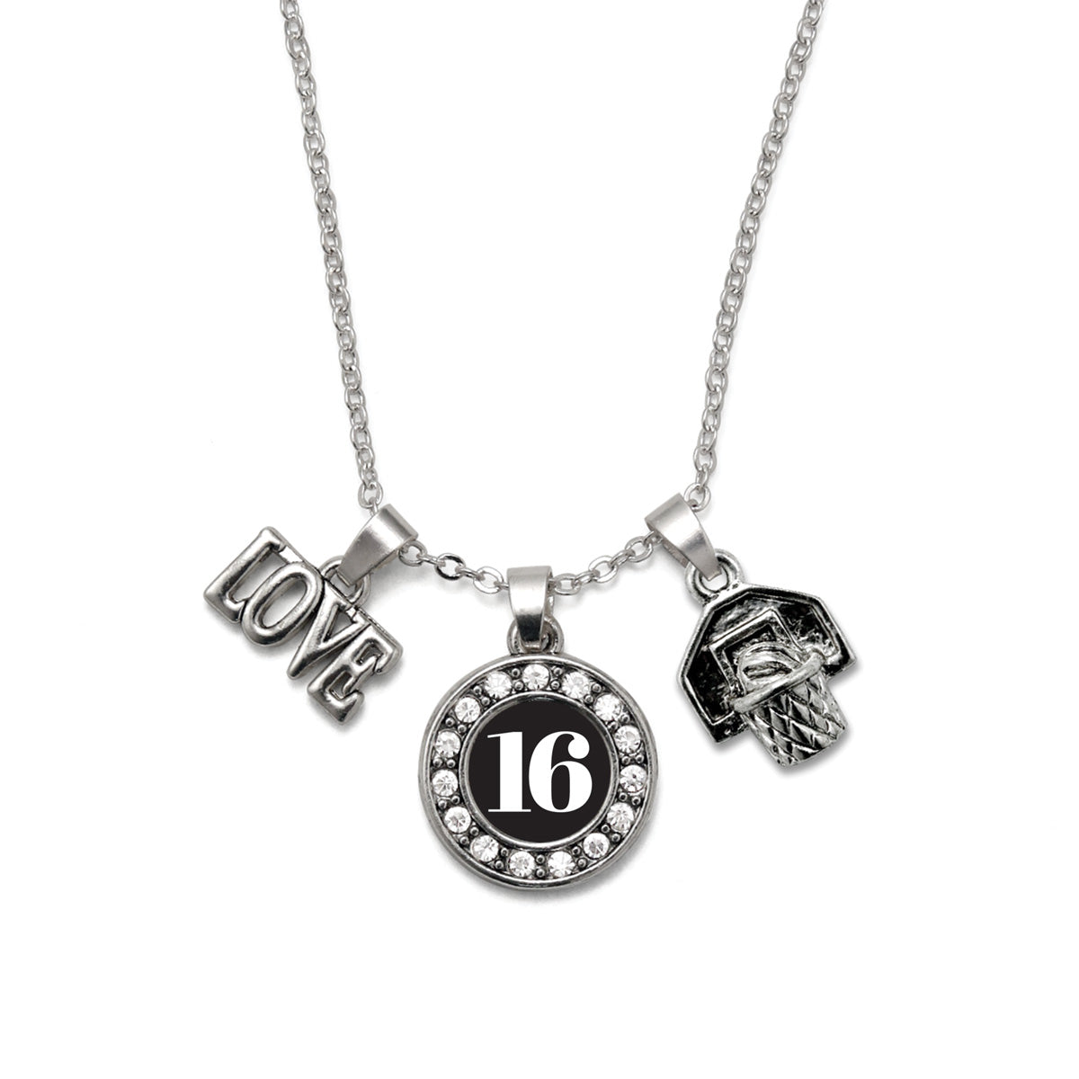 Silver Basketball Hoop - Sports Number 16 Circle Charm Classic Necklace