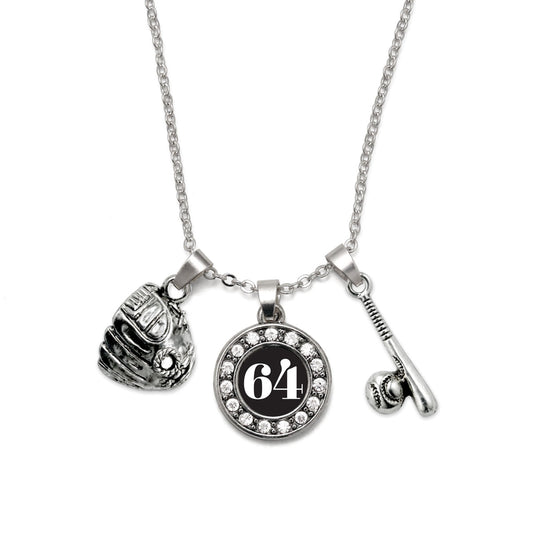 Silver Baseball/Softball - Sports Number 64 Circle Charm Classic Necklace