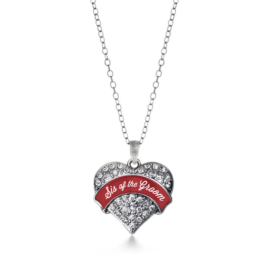 Silver Crimson Red Sis of the Groom Pave Heart Charm Classic Necklace