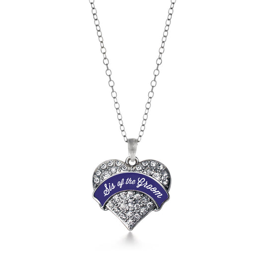 Silver Navy Blue Sis of the Groom Pave Heart Charm Classic Necklace