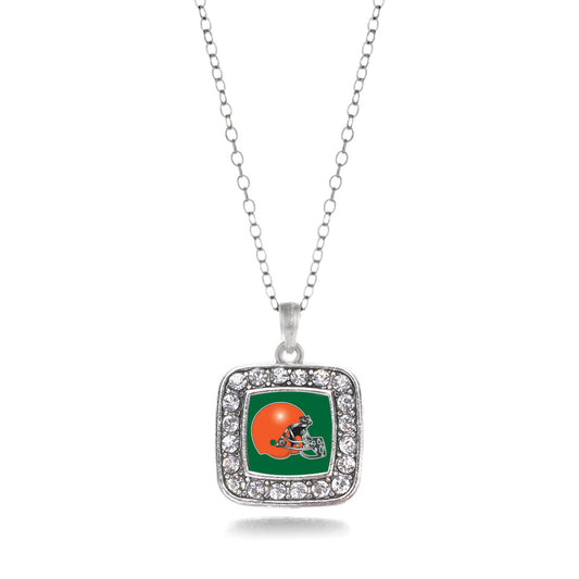 Silver Green and Orange Team Helmet Square Charm Classic Necklace