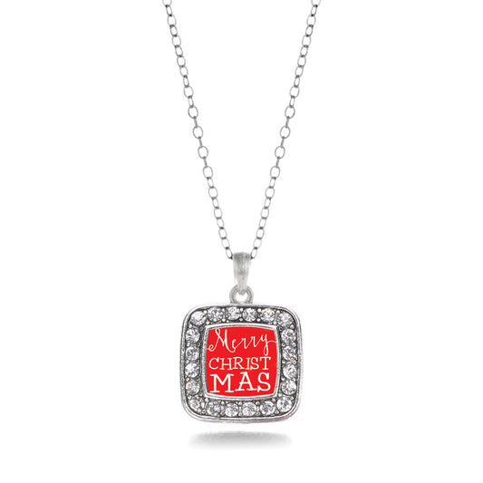 Silver Merry Christmas Square Charm Classic Necklace