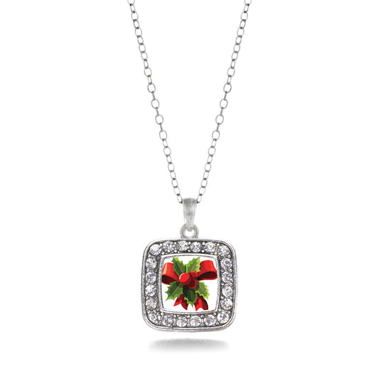 Silver Holly Plant Square Charm Classic Necklace
