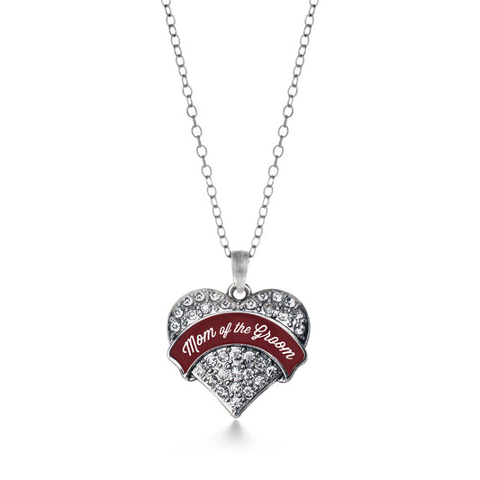 Silver Burgundy Mom of of the Groom Pave Heart Charm Classic Necklace