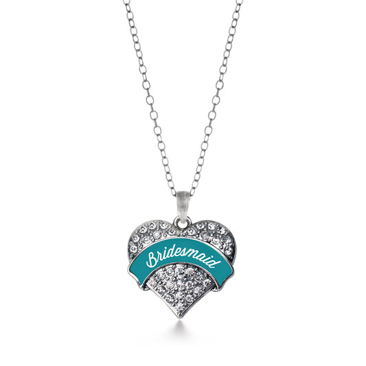 Silver Dark Teal Bridesmaid Pave Heart Charm Classic Necklace