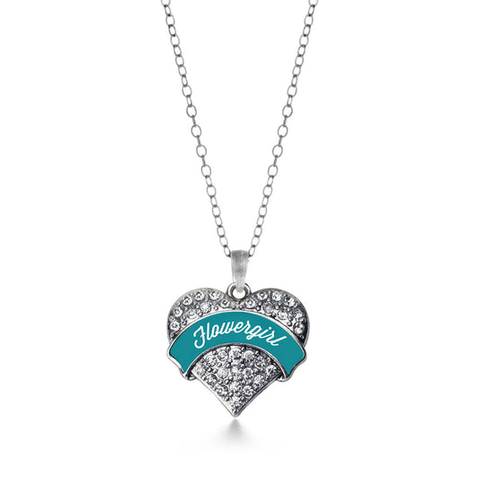 Silver Dark Teal Flower Girl Pave Heart Charm Classic Necklace