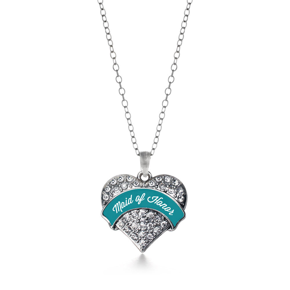 Silver Dark Teal Maid of Honor Pave Heart Charm Classic Necklace