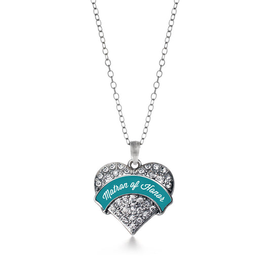 Silver Dark Teal Matron of Honor Pave Heart Charm Classic Necklace